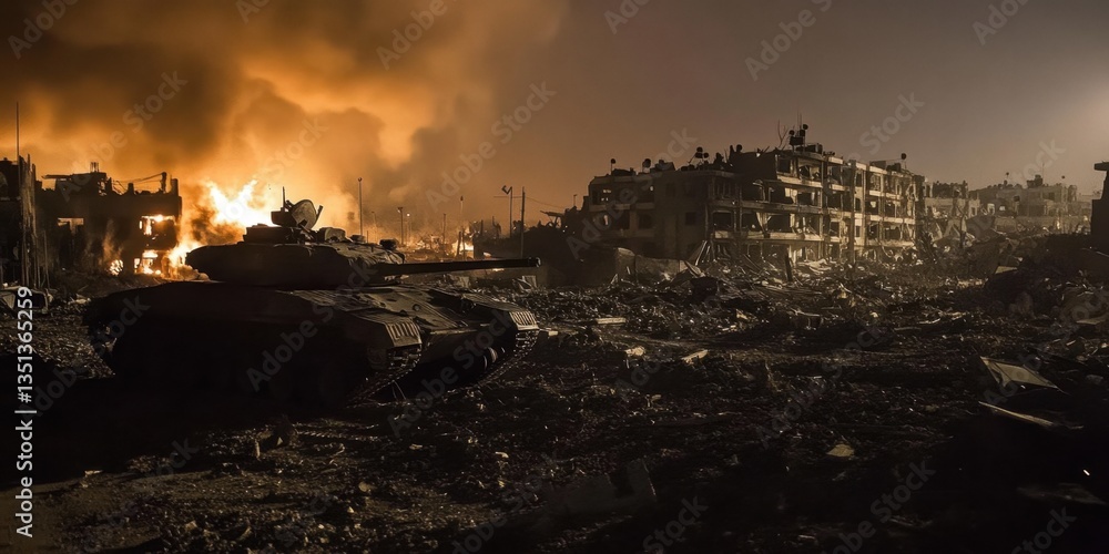 Warzone Devastation Nighttime Tank in a Fire-Ravaged Cityscape Warzone Devastation Nighttime Tank in a Fire-Ravaged Cityscape
