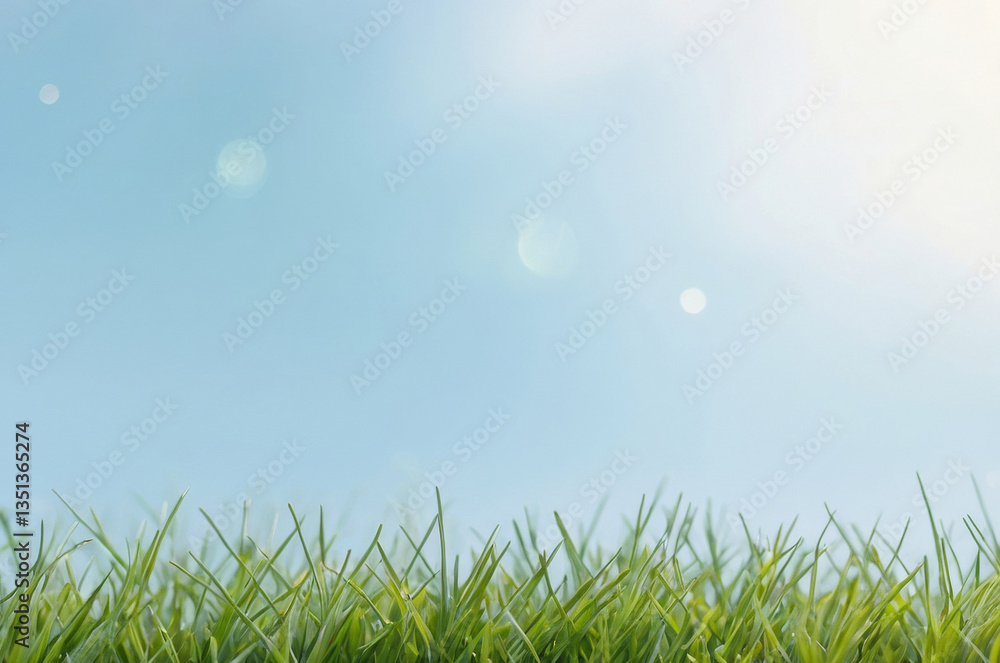 Spring or summer season abstract nature background with evenly trimmed short green grass in front and a light blue blurred background in fine bokeh at the back, place for text Spring or summer season abstract nature background with evenly trimmed short green grass in front and a light blue blurred background in fine bokeh at the back, place for text