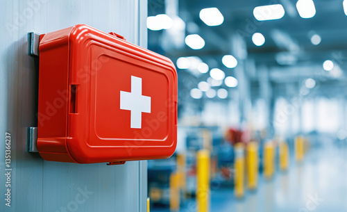 First aid kit in an industrial factory safety setting. Red first aid kit mounted on a wall in a brightly lit industrial setting, symbolizing safety and emergency preparedness.