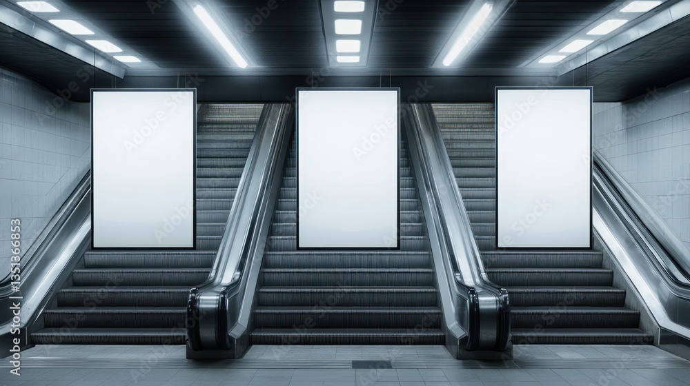 Obraz premium Subway Escalator with Blank Posters