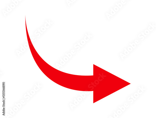 Red curved arrow pointing to right. Direction symbol. Arrow symbol for app, UI, web. Vector illustration