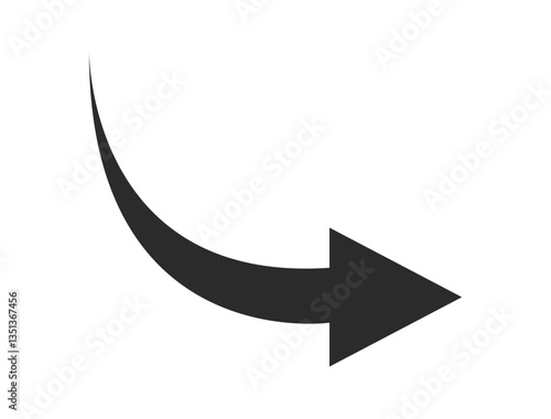 Simple black curved arrow pointing to the right. Direction symbol. Arrow symbol for app, UI, web. Vector illustration