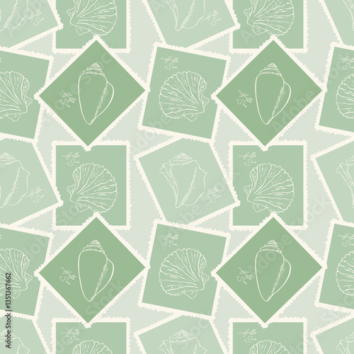 Marine Vibe with postage stamps with seashells contour hand drawn, green pattern,summer vacation, marine, ocean, travel.