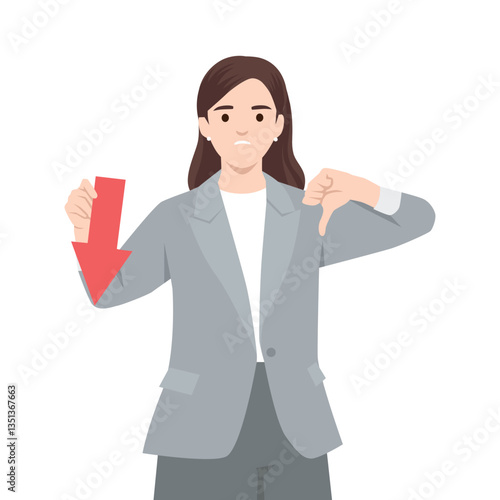Woman in a gray suit shows a thumbs down gesture and holds a red downward arrow. Flat vector illustration isolated on white background