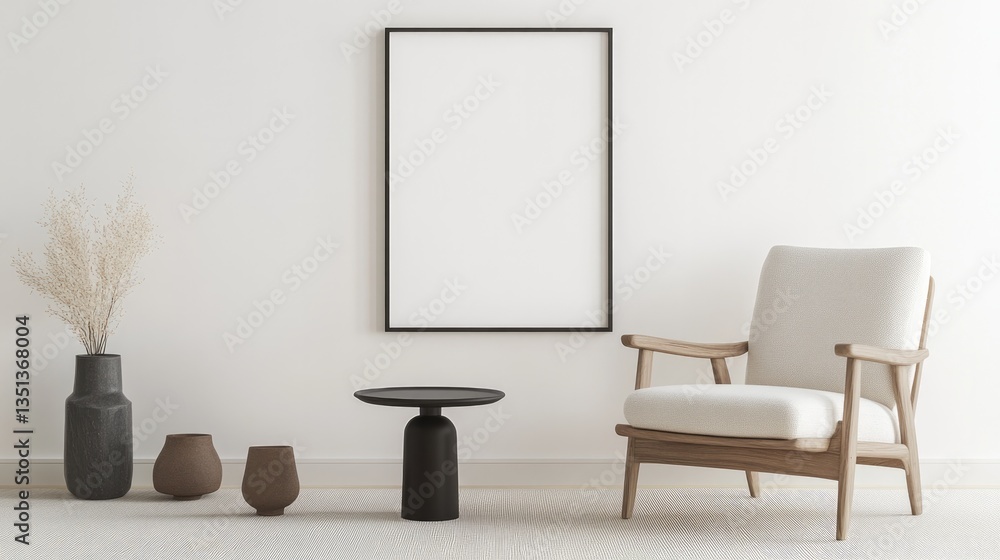 Obraz premium minimalist living room featuring scandinavian furniture and curated accessories placed against blank white wall offering