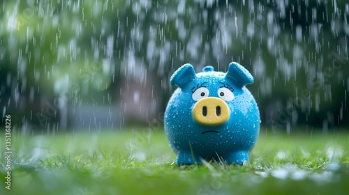 Blue Piggy Bank in Rain Sad Rainy Day Savings Concept