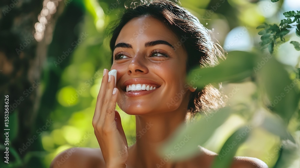 Woman applying moisturizer in natural setting Woman applying moisturizer in natural setting