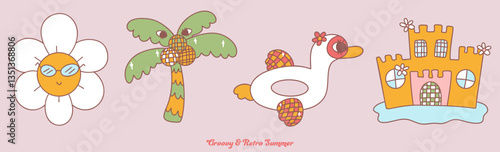 Groovy designs evoke retro summer vibe with playful elements like smiling flower, palm tree, whimsical bird, and charming castle
