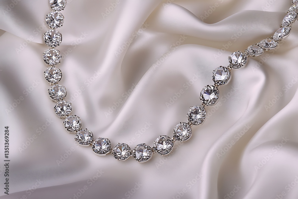 An abstract layout of a diamond station necklace, with stones spaced evenly, draped gracefully on white silk. An abstract layout of a diamond station necklace, with stones spaced evenly, draped gracefully on white silk.