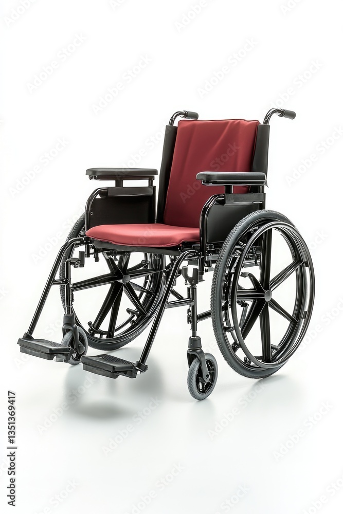 A black and red wheelchair with a red seat, suitable for medical or therapeutic use