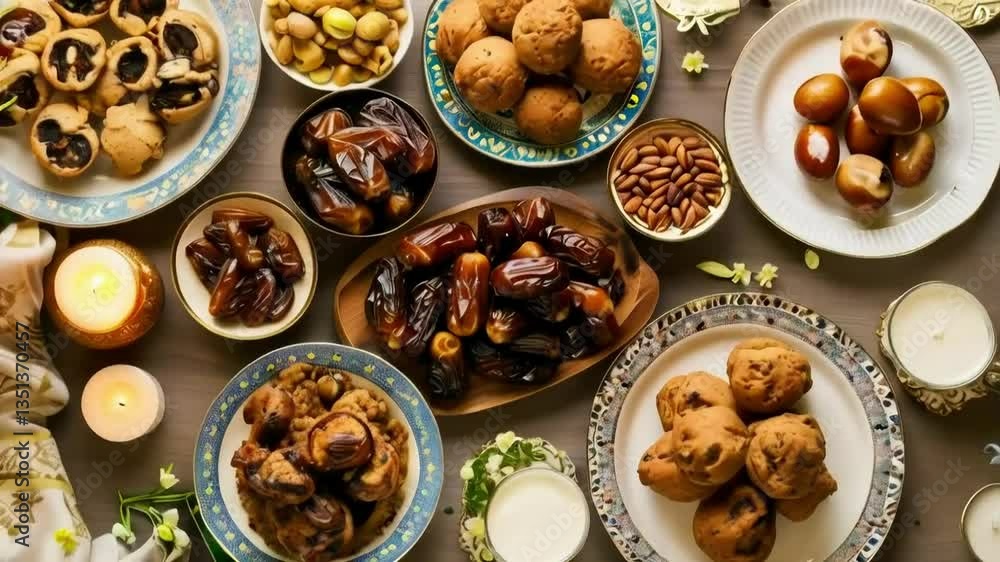 Festive Middle Eastern table, dates, sweets, candles, overhead Festive Middle Eastern table, dates, sweets, candles, overhead