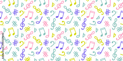 Music signs seamless pattern, accidental, note symbols background. Hand drawn doodle style vector graphics, illustration