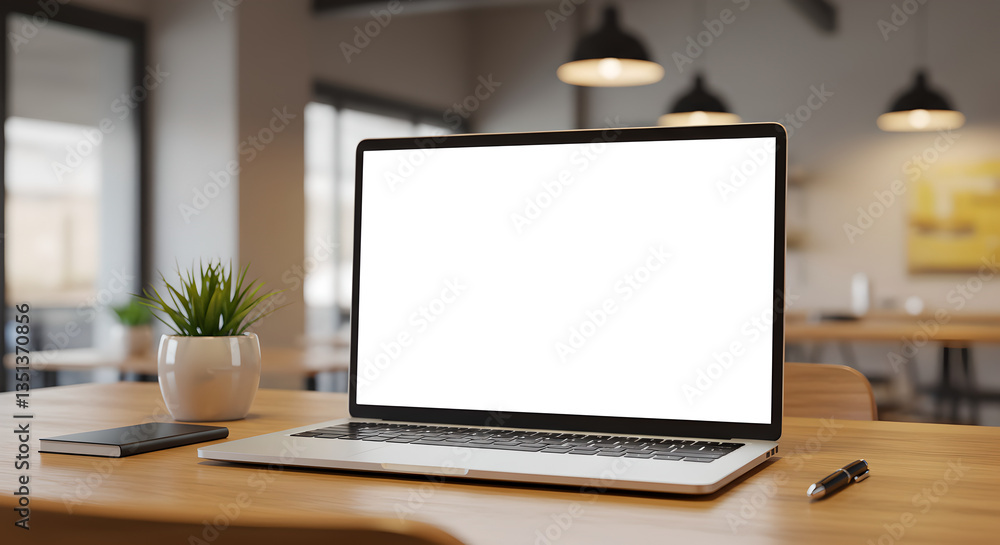 Desk Laptop with blank screen on table of coffee Desk Laptop with blank screen on table of coffee