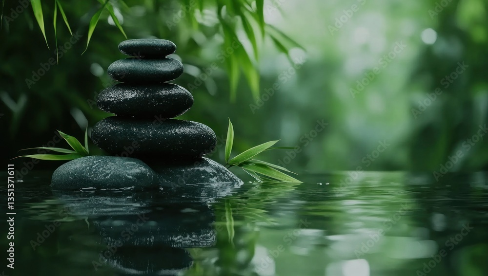 Balanced black stones in a tranquil pool of water with green foliage Balanced black stones in a tranquil pool of water with green foliage