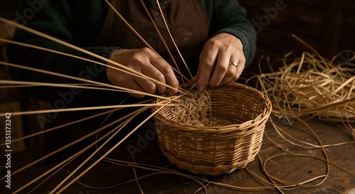 Basket Weaver Weaving Wicker Basket in Traditional Setting