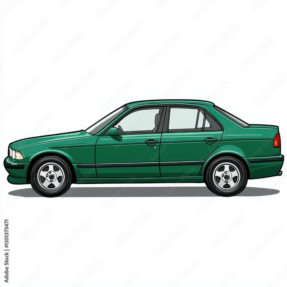 Naklejka premium Green sedan car side view illustration with detailed design and style elements, ideal for automotive and transportation concepts