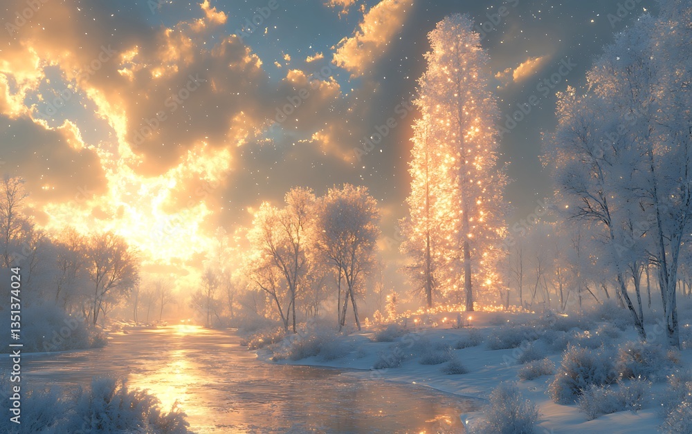 Naklejka premium Serene Winter Landscape at Sunset with Glowing Trees and Snow-Covered River
