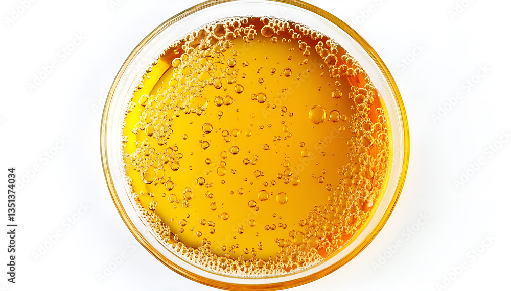 Drop of yellow oil swatch texture in petri dish macro with bubbles, cosmetics for face and body, science, laboratory isolated on white background Drop of yellow oil swatch texture in petri dish macro with bubbles, cosmetics for face and body, science, laboratory isolated on white background