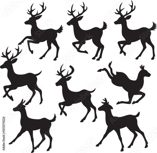 Deer running silhouettes set animal pack of vecto 