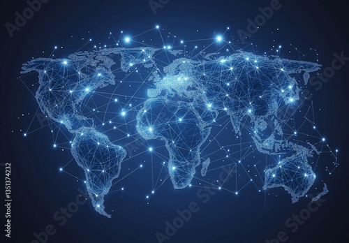 Abstract Global Network Vector  World Map with Connection Lines  Flat Design  High-Resolution Illustration  White Border & Edge Outline  Minimalist Blue Background