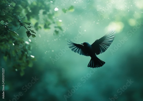 A blue and white bird flies against a green background