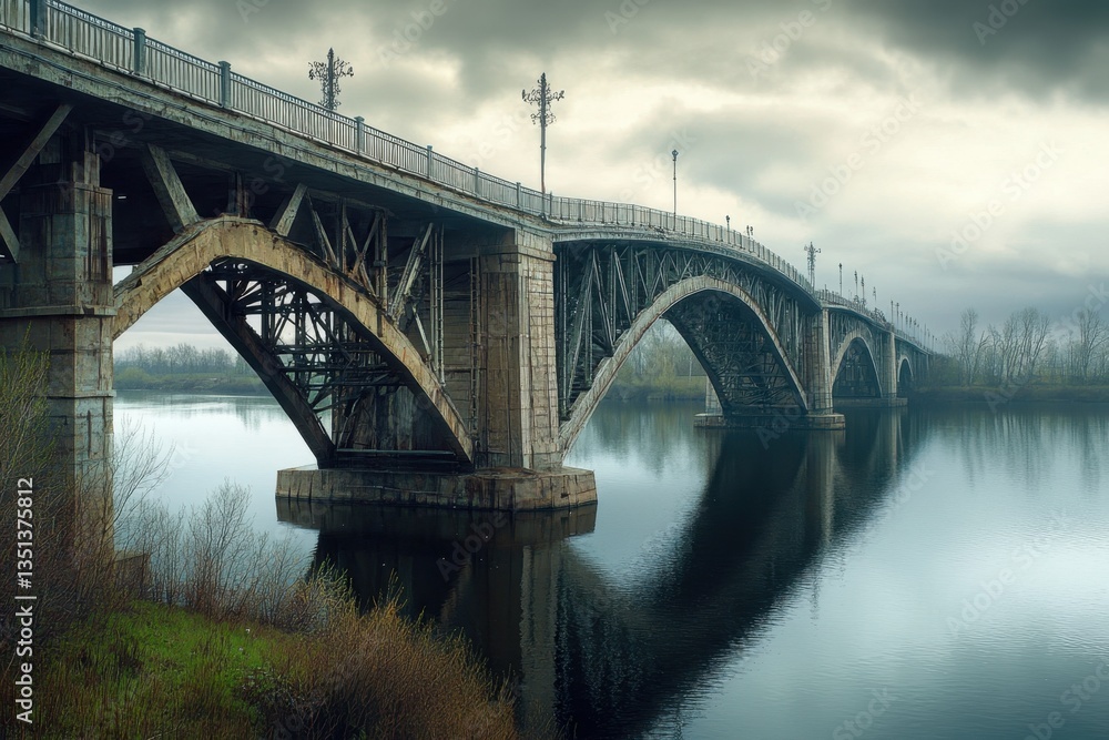 Obraz premium Beautiful historic bridge reflecting over calm water under cloudy sky