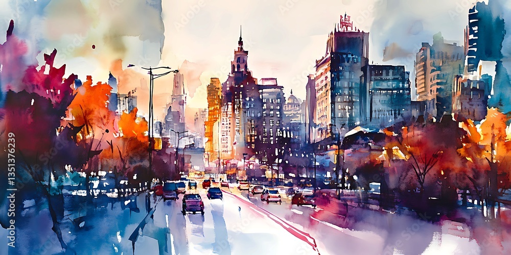 Obraz premium Night city skyline with busy streets and glowing lights