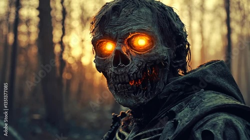 Undead creature in forest at sunset