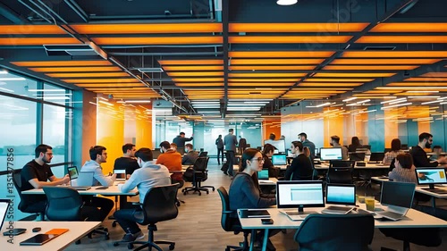Modern open office space with employees working on computers under orange ceiling lights in a busy tech environment

