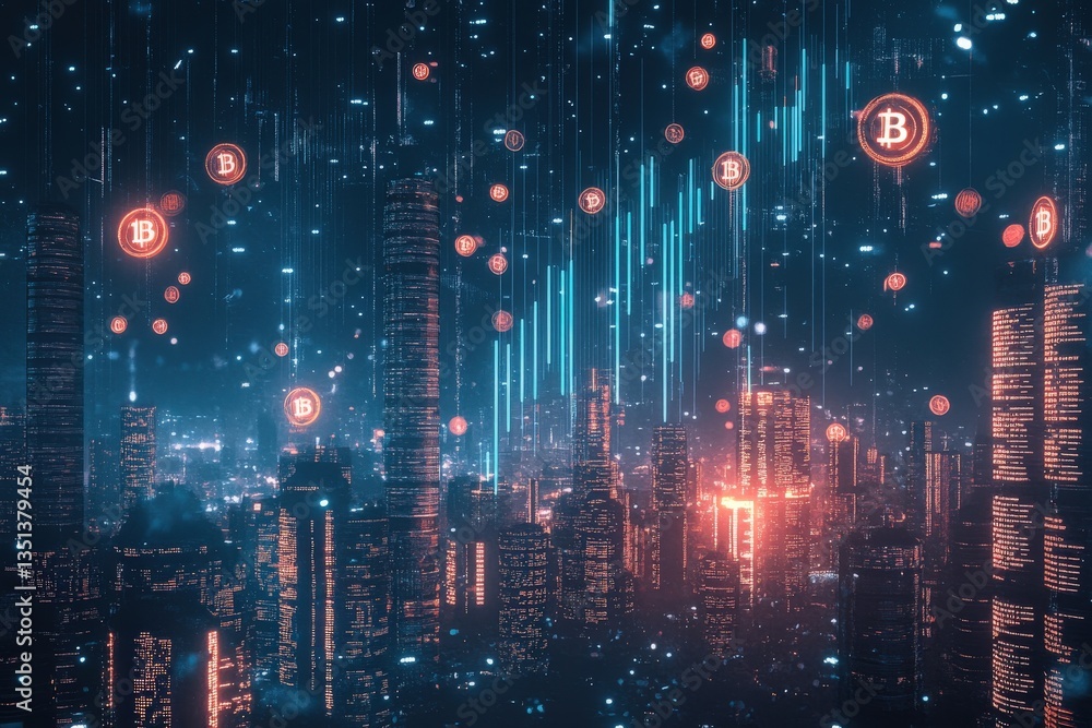 Fototapeta premium A computer image of a city skyline with many coins in front