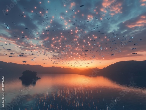A group of birds in flight above a calm body of water, ideal for use as a background or in travel and adventure scenes