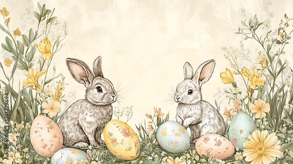 Fototapeta premium Easter Bunnies Eggs Garden. (4)