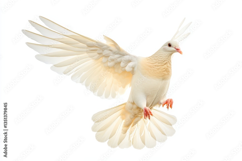 Obraz premium A white pigeon is gracefully flying high in the air with wings spread