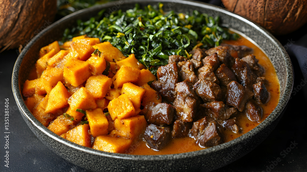 A Colorful Bowl of Tuluk, Traditional Cuisine with Beef, Taro, and Greens A Colorful Bowl of Tuluk, Traditional Cuisine with Beef, Taro, and Greens