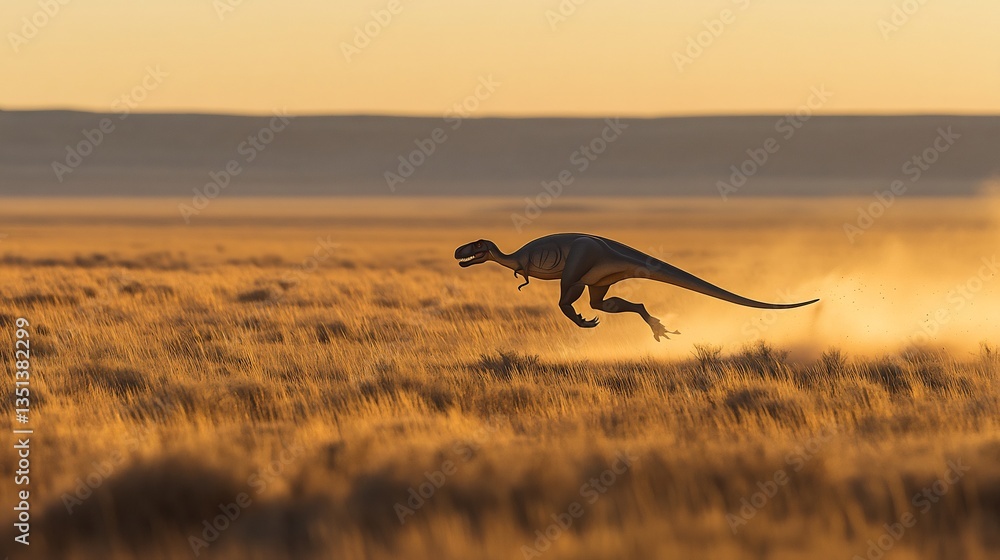 Swift Gallimimus sprinting across open plain its long legs kicking up dust as it flees from an unseen predator The vast prehistoric grassland stretches endlessly under the warm hues of the setting sun Swift Gallimimus sprinting across open plain its long legs kicking up dust as it flees from an unseen predator The vast prehistoric grassland stretches endlessly under the warm hues of the setting sun