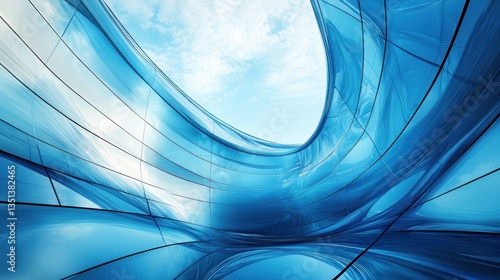 Modern architecture interior, curved glass walls, bright sky, architectural visualization