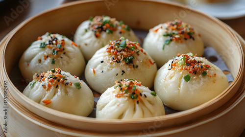 Chinese pan fried pork bun on white plate Sheng 