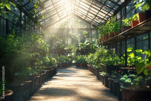 A greenhouse filled with many potted plants