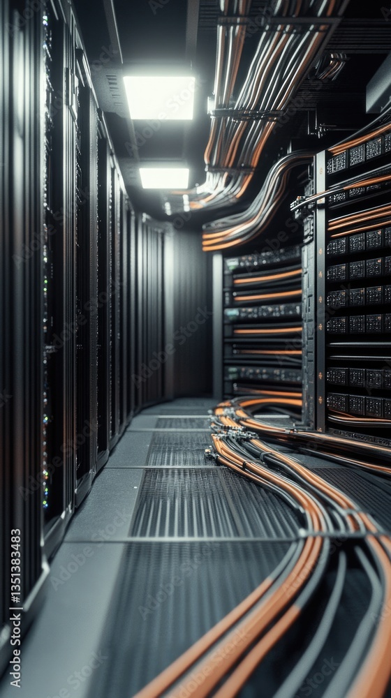 A modern data center with rows of servers and network equipment