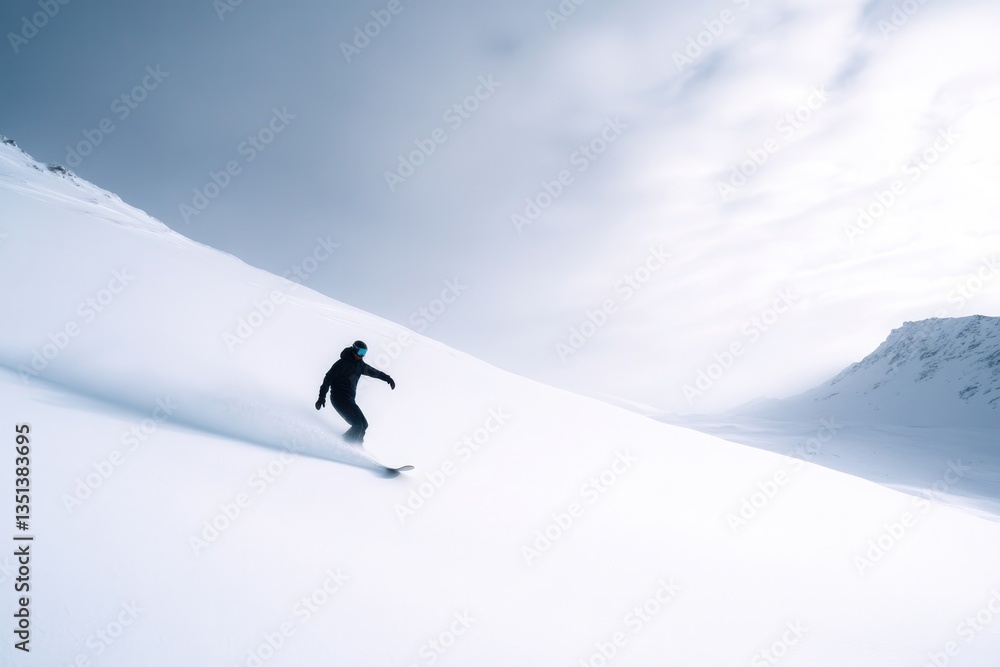 lone snowboarder carves gracefully down pristine untouched snowy mountain slope in bright early morning light lone snowboarder carves gracefully down pristine untouched snowy mountain slope in bright early morning light