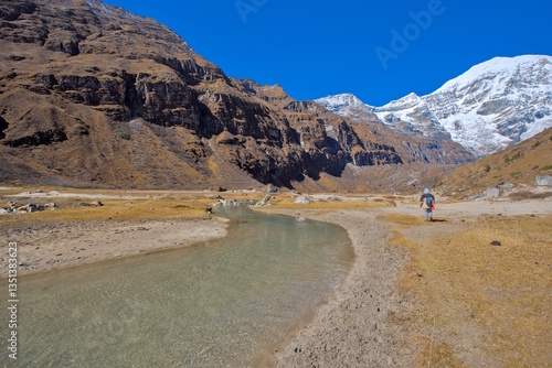 Hiker at Mountain Jomolhari during Morning in Bhutan