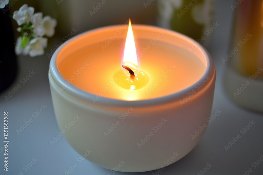A single lit candle placed in a white ceramic bowl