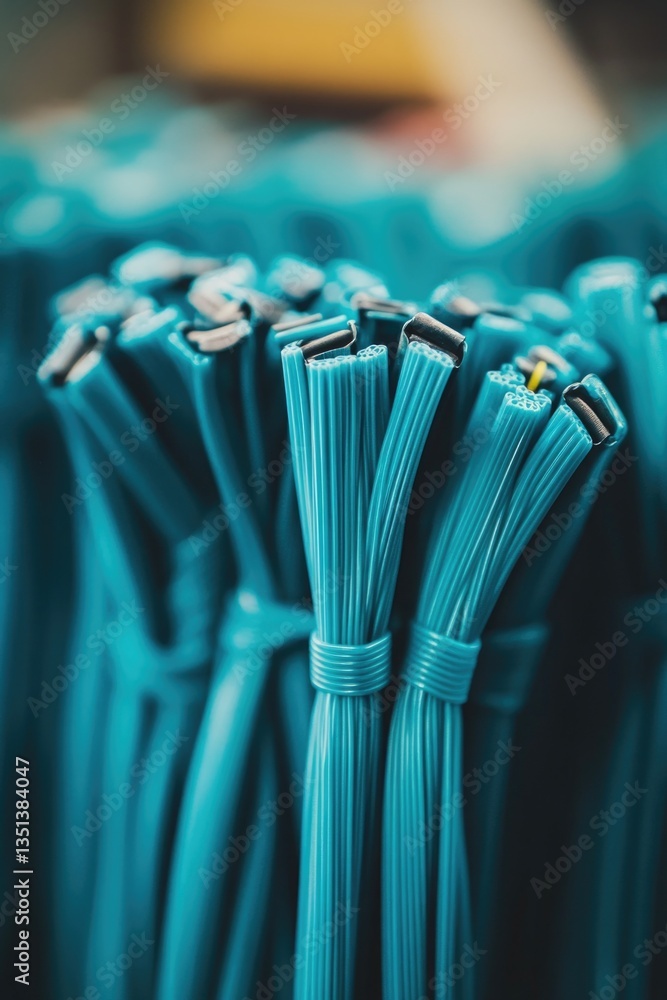 A close-up shot of a cluster of bright blue umbrellas