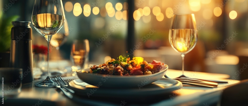 A plate of food and a glass of wine on a table, perfect for a romantic dinner or special occasion
