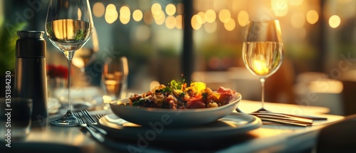 Obraz na płótnie A plate of food and a glass of wine on a table, perfect for a romantic dinner or special occasion w salonie