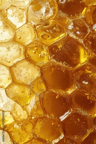 A close-up shot of a honeycomb filled with golden honey, perfect for food, nature, and wildlife imagery