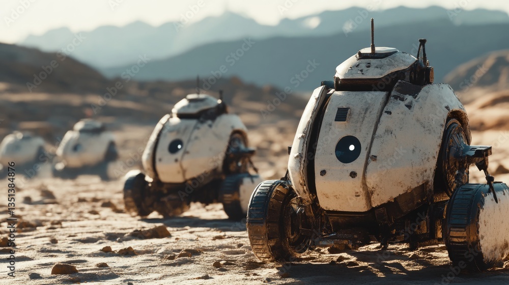 A group of robots sitting in the dirt