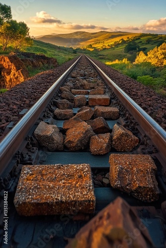 Obraz na płótnie A train track covered in rocks, suitable for use in scenes of adventure or wilderness travel w salonie