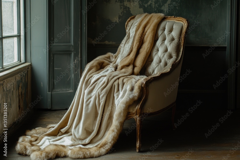 A chair wrapped in a cozy blanket, placed in front of a window