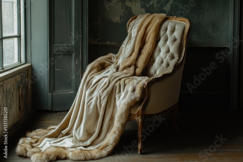 Obraz na płótnie A chair wrapped in a cozy blanket, placed in front of a window w salonie